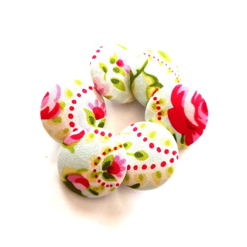 Boutons 26 mm x 6 recouverts de tissu fleuri rose et vert