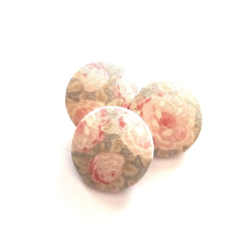 Boutons 32 mm x 3 recouverts de tissu fleuri gris et rose