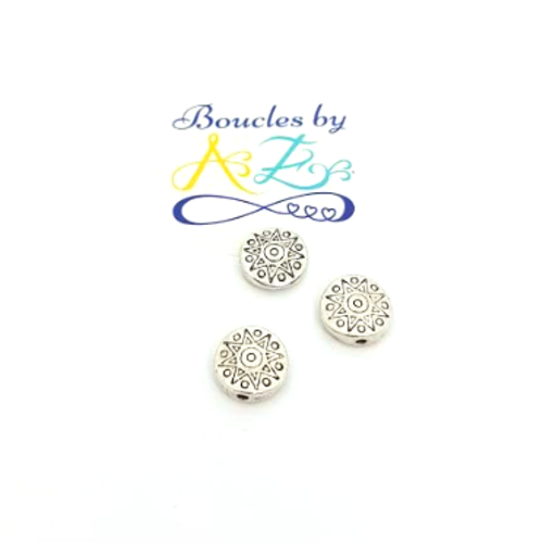 Perles rondes plates argentées, motif soleil 10mm x5 par2-15.