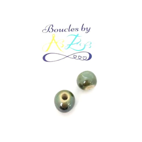 Perles rondes vert kaki en céramique 10mm x2 pve4-7