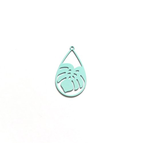Estampe filigrane goutte feuille monstera turquoise 26x15mm tu5-9