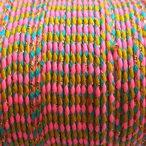 Cordon en coton tressé rose fluo et fils dorés 1,5 mm x1 mètre mac-1