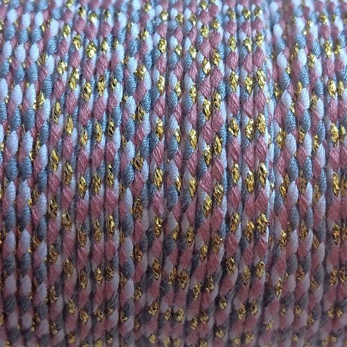 Cordon en coton tressé gris, blanc et rose et fils dorés 1,5 mm x1 mètre mac-5