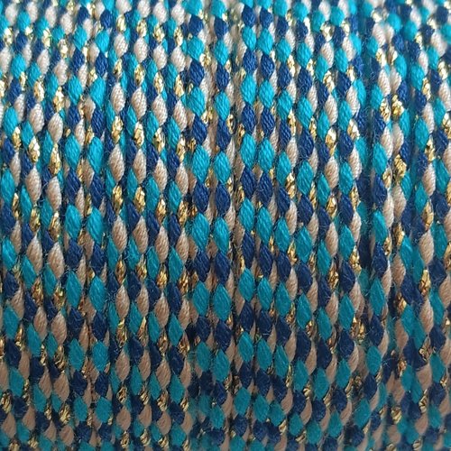 Cordon en coton tressé bleu marine, turquoise, beige et fils dorés 1,5 mm x1 mètre mac-8