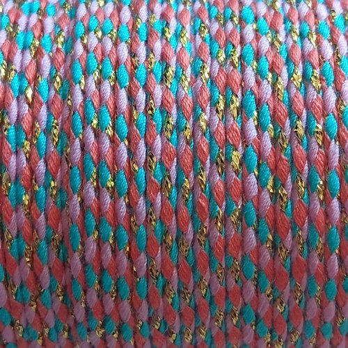 Cordon en coton tressé rose, turquoise et fils dorés 1,5 mm x1 mètre mac-12