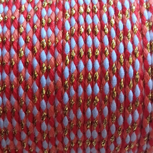 Cordon en coton tressé rouge, orange, blanc et fils dorés 1,5 mm x1 mètre mac-13