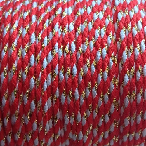 Cordon en coton tressé rouge, blanc et fils dorés 1,5 mm x1 mètre mac-15