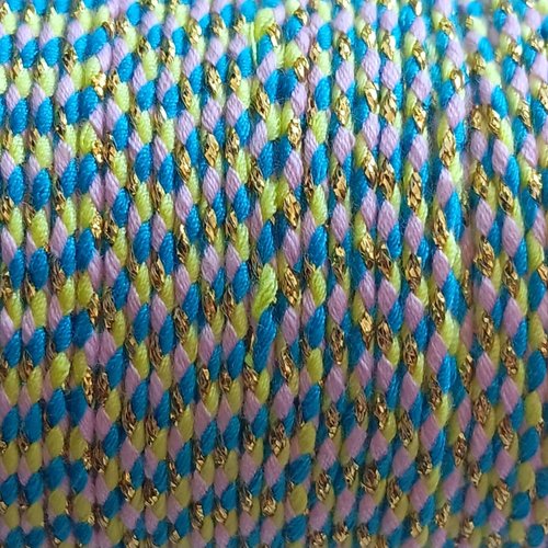 Cordon en coton tressé bleu, rose, jaune et fils dorés 1,5 mm x1 mètre mac-17