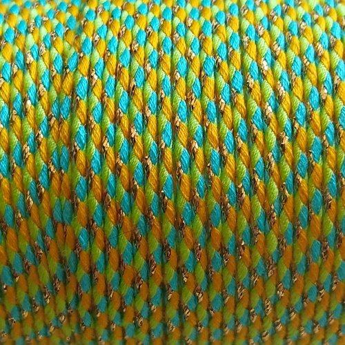 Cordon en coton tressé turquoise, vert, orange et fils dorés 1,5 mm x1 mètre mac-18