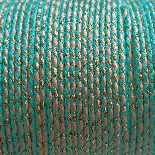 Cordon en coton tressé vert, beige et fils dorés 1,5 mm x1 mètre mac-19