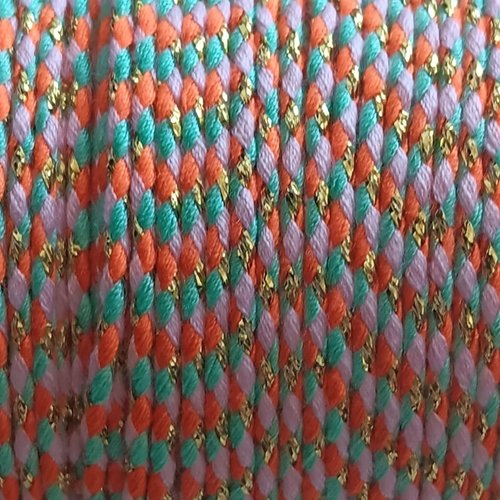 Cordon en coton tressé vert, orange, rose et fils dorés 1,5 mm x1 mètre mac-20
