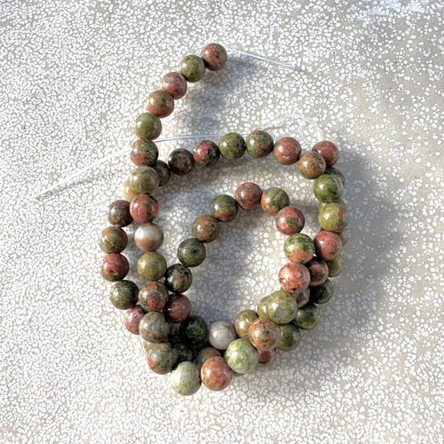 Perles rondes en unakite naturelle 6 mm - perles naturelles pour bracelets et colliers – lot de 10 perles ou fil 38 cm pp1-107