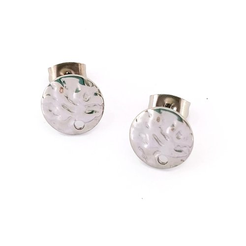 Clous d’oreilles ronds martelés argentés 10 mm acier inoxydable 201 – lot 20 ou 50 paires, supports bijoux diy