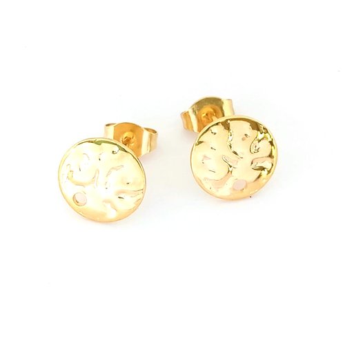 Clous d’oreilles ronds martelés dorés 10 mm acier inoxydable 201 – supports bijoux diy, x1 ou x10 paires sbopu-99