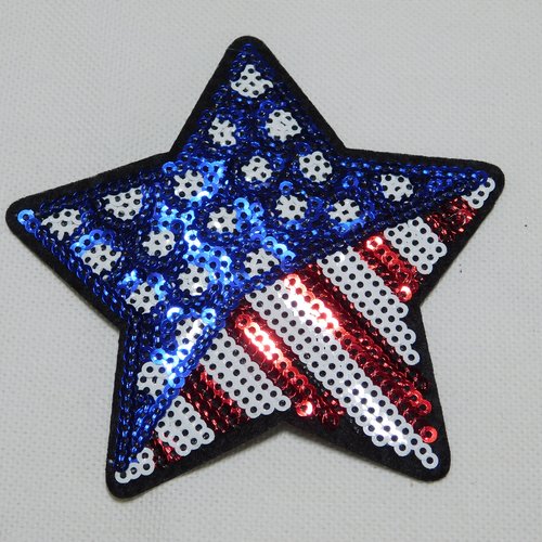 Ecusson patch thermocollant,  étoile usa drapeau américain  sequins argent paillettes