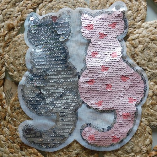 Ecusson patch écusson à coudre chat rose argent paillettes sequins grande taille