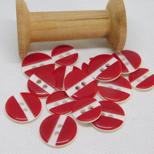 Bouton rond rouge blanc 2 trous - taille 15 mm -
