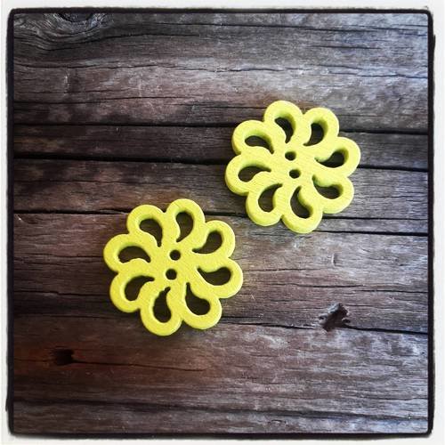 Lot de 2 boutons fantaisie en bois, forme de fleur rosace, couleur jaune 