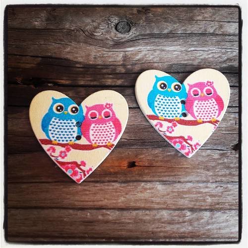 Lot de 2 boutons en bois cœur hibou / chouette 35*35 mm 