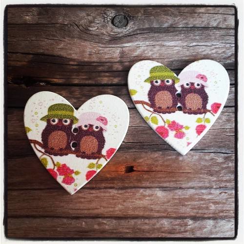 Lot de 2 boutons en bois cœur hibou / chouette 35*35 mm 