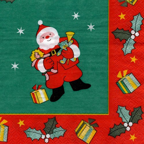 Serviette papier petit pére noël sur fonds rouge et vert 