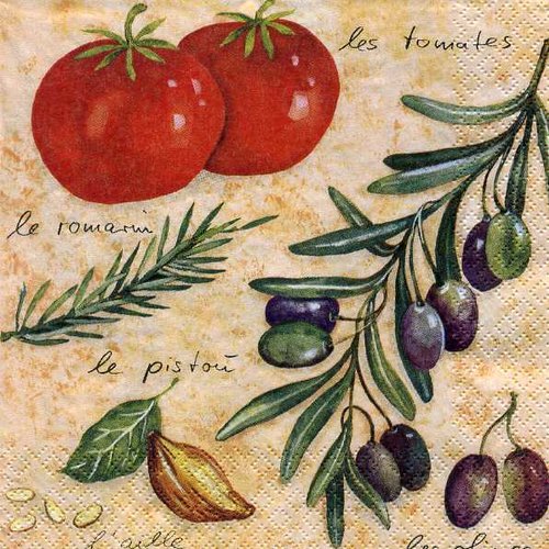 Serviette papier tomates, olives, ail, romarin,