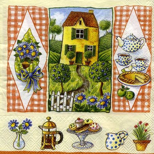 Serviette papier maison dans jardin fleuri, service à thé