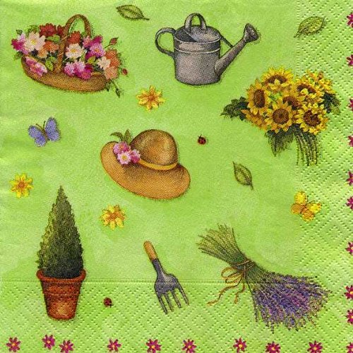 Serviette papier  jardinage, fleur, arrosoir, chapeau de paille