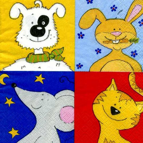 Serviette papier animaux rigolos : chat, chien, lapin, souris