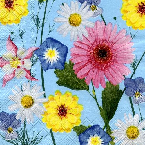 Serviette papier diverses fleurs sur fonds bleu