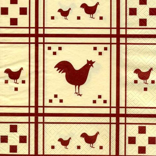 Serviette papier motifs géométriques et poules rouges sur fonds  beige clair