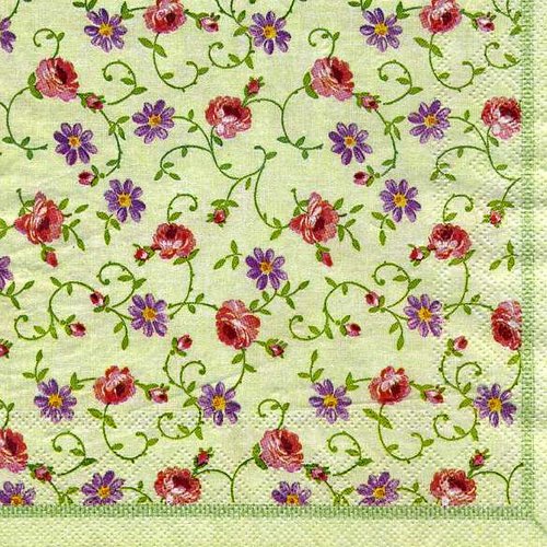 Serviette papier semis de fleurettes roses et violettes fonds vert pâle
