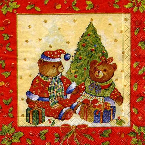 Serviette papier ours et cadeaux devant sapin