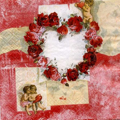 Serviette papier coeur de roses avec angelots