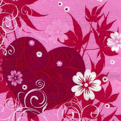 Serviette papier coeur rouge fleurs stylisées