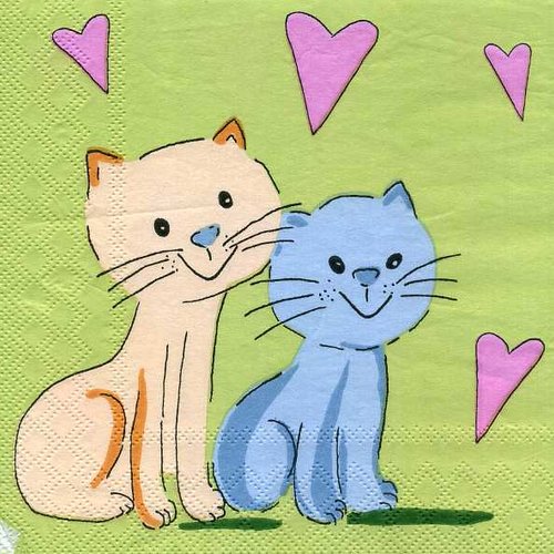 Serviette papier deux chatons mignons, coeurs, fond vert