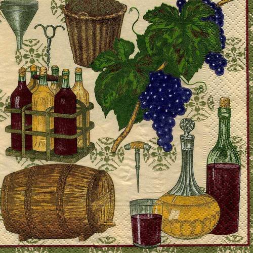 A. serviette papier raisin, vigne, tonneau, bouteille 