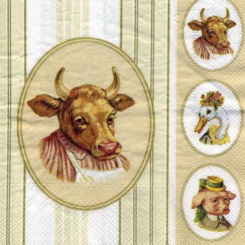 A. serviette papier portrait animalier : vache, oie, et cochon 