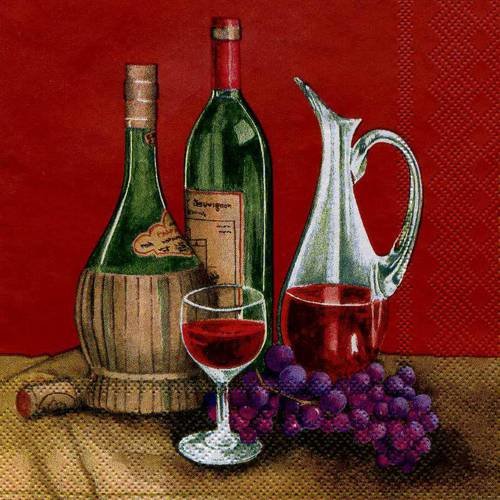A. serviette papier bouteille de vin, carafe et raisin 