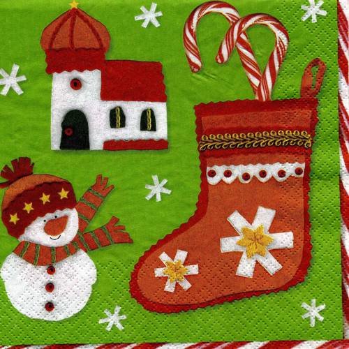 A. serviette papier de noël, soulier, église, bonhomme de neige 