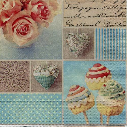 A. serviette papier bouquet de roses, coeurs romantiques, et cup cake 