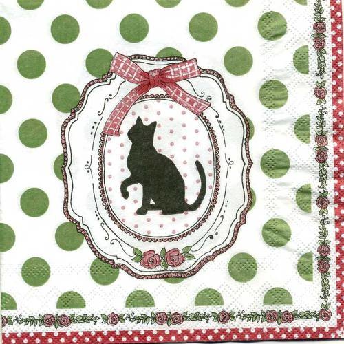 A. serviette papier médaillon avec petit chat sur fonds blanc à pois verts 