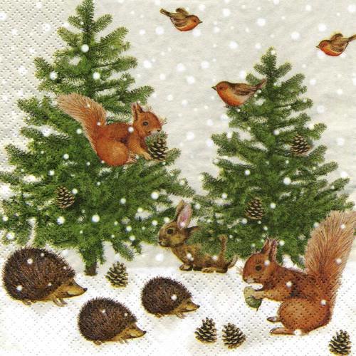A. serviette papier écureuil, hérisson et lapin dans la neige 