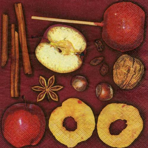 A. serviette papier pommes, noix, canelle, pomme d'amour, anis 