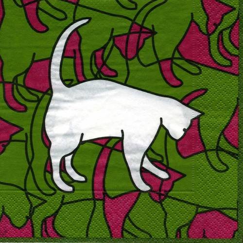 A. serviette papier dessin chat blanc sur fonds vert et rouge 