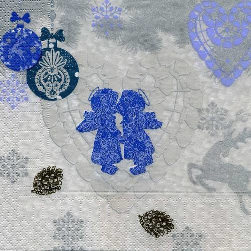 A. serviette papier deux angelots bleus avec décor de noël fonds argenté 