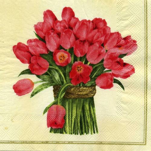 Serviette papier bouquet de tulipes roses foncé 