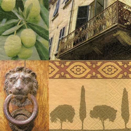 A. serviette papier images du sud, cyprès; olives, architecture 