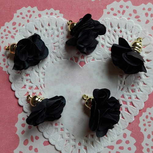 Pompons fleurs noirs en tissu, par 5, pour créations shabby chic, fabrication de  bijou de sac, porte clés, 3,00 cm de hauteu