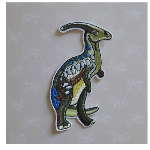 Dinosaure thermocollant vert, bleu et marron en polyester pour customiser des vêtements d'enfants, couettes, sac, de 9,50 cm de hauteur.